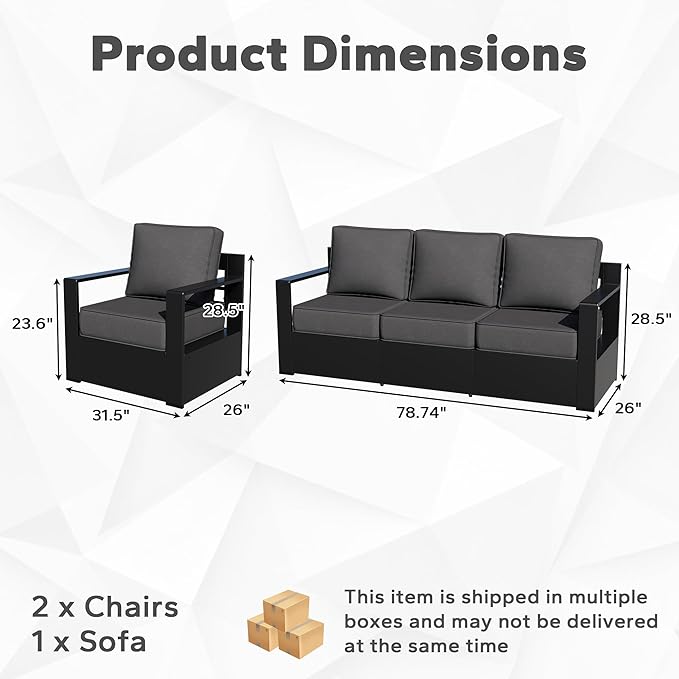 Outdoor Aluminum Furniture Set, 3-Piece Patio Conversation Set, 2 Chairs and 1 Sofa, All-Weather Metal Frame, 6" Thick Removable Cushions, Deep Setting for Garden, Poolside and Porch