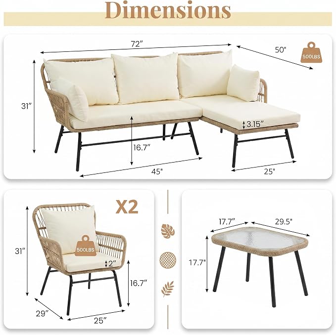 BULEXYARD 5 Pcs Boho Outdoor Patio Furniture Sets, L Shaped Natural Color Wicker Conversation Sectional Sofa w/Cozy Beige Cushion, Outdoor Chairs w/Coffee Table for Backyard Porch Deck