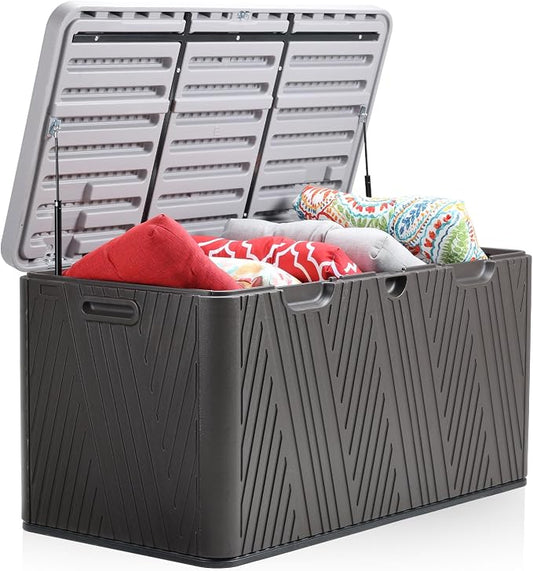 Aoodor 85 Gallon Deck Box, Outdoor Storage Box, Waterproof & Weather-Resistant Lockable, Patio Bench Storage Box for Cushion, Garden Tools, Brown