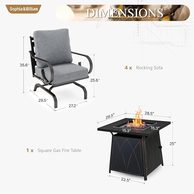 Sophia & William Patio Conversation Set for 4, 4 Rocking Chairs and a 28" Square Fire Pit Table, Metal Outdoor Furniture with 5.75" Extra Thick Cushions, Grey
