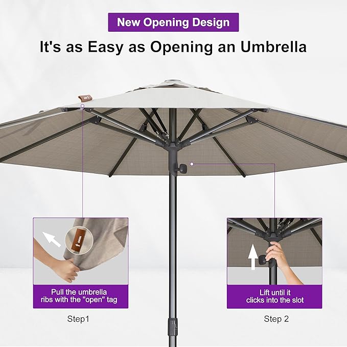 PURPLE LEAF 9 FT Semi-Auto Outdoor Patio Umbrella Market Table Sun Umbrellas with 8 Aluminum Sturdy Ribs for Backyard Deck Garden Pool (Gray Pole Beige Canopy)