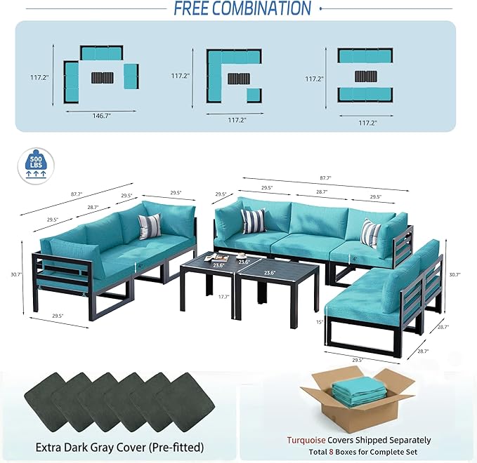 NICESOUL 10 Piece Oversized Modular Aluminum Outdoor Furniture Set, 29" Deep and Wide Sectional Seating, 500 lbs High Weight Capacity Water Resistant Patio Conversation Set for Garden Deck, Turquoise