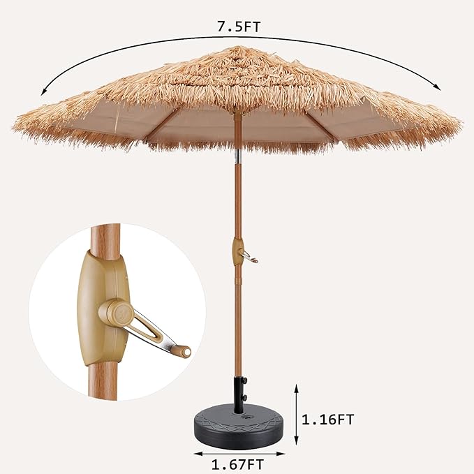 GDY 7.5ft Tiki Patio Umbrella and Base, Outdoor Table Umbrella with Crank, Market Umbrellas for Garden, Beach, Deck, Backyard & Pool