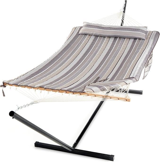 PNAEUT Double Rope Hammock with Stand Included, 12ft Heavy Duty Stand, 2 Person Traditional Cotton Rope Hammocks with Pillow for Outside Porch Patio Backyard Outdoor, Max 475lbs Capacity (Peace Grey)