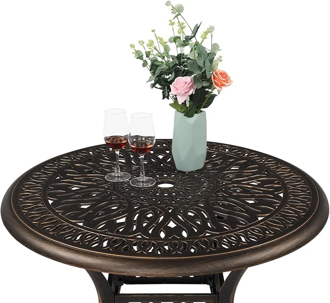 VINGLI 35" Patio Dining Table, Cast Aluminum Round Outdoor Dining Table with Umbrella Hole Outdoor Bar Table, Outdoor Bistro Table Outdoor Furniture Garden Table (35.4”Diax29.5”H)