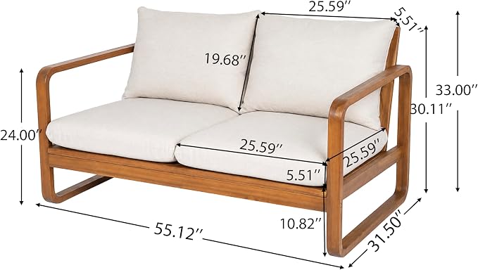 Christopher Knight Home Myra Acacia Wood 4 Piece Outdoor Patio Furniture Set, Wooden Patio Conversation Set with Loveseat Club Chairs & Coffee Table, 4-Seater Patio Sofa Chair and Table Set,Teak+Beige
