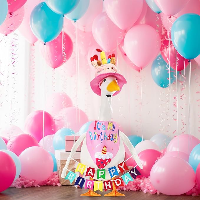 Abbylike 4 Pcs Happy Birthday Porch Goose Outfit for 23" Statues Poseable Porch Goose Wings Birthday Cake Hat for Lawn Patio Outdoor Geese Statue Decoration Accessories (Pink,Bib Style)