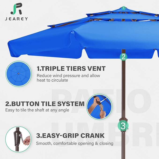 JEAREY 3 Tiers 9 FT Patio Umbrellas Outdoor Table Umbrella with Push Button Market Umbrella 8 Sturdy Ribs UV Protection Waterproof for Garden,Royal Blue