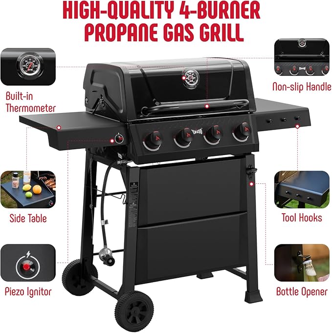 Feasto 4-Burner Gas BBQ Grill with Side Tables, 36,000 BTU Outdoor Propane Grill with Premium Enameled Coated Chamber Body & Porcelain-Enameled Stamped Grates for Deck Party & Patio BBQ, Black