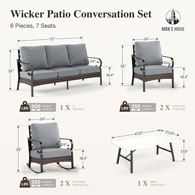 HERA'S HOUSE 6 Piece Patio Furniture Set, 2 x Fixed Chair, 2 x Rocking Chair, 1 x 3-Seat Sofa with Coffee Table, All Weather Patio Conversation Set for Lawn Garden Backyard Deck, Grey
