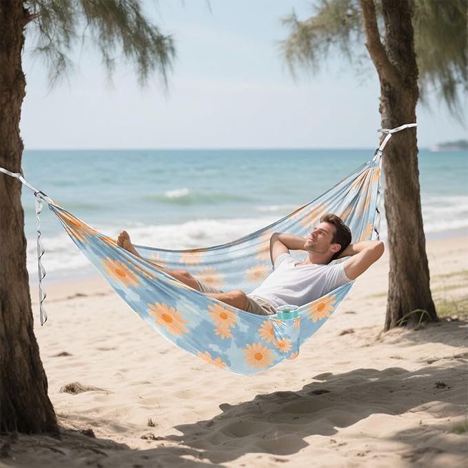 Camping Hammock Outdoor Hammocks for Outside Orange Daisy Beach Trees Portable Lightweight with Pockets Tree Straps Indoor