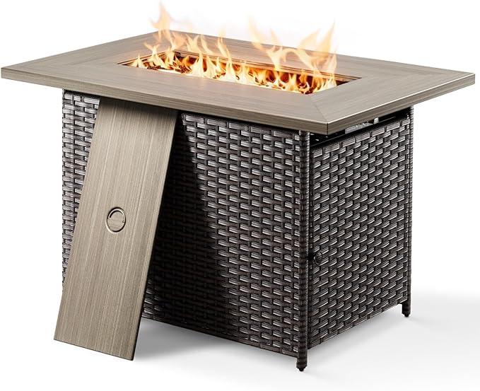 Patio Furniture Set with Fire Pit Table, 4PCS Patio Conversation Set Brown Resin Wicker Swivel Patio Chair and Sofa with 41in Rectangular Fire Table PE Rattan Patio Furniture Set