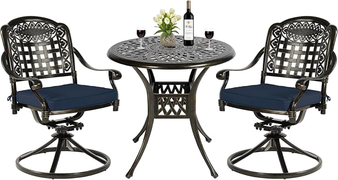 MEETWARM 3-Piece Outdoor Patio Dining Set, All-Weather Cast Aluminum Patio Conversation Set with 2 Cushions Swivel Rocker Chairs and 31" Round Table for Backyard Garden Deck, Umbrella Hole, Navy Blue