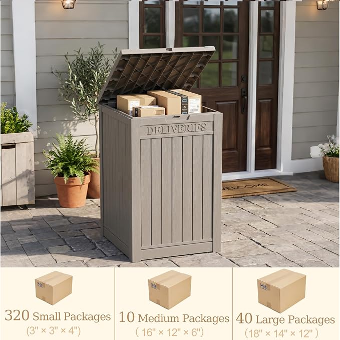 Outdoor Storage Box, 70 Gallon Package Delivery Boxes for Outside, with Lockable Secure, Deck Box Outdoor Waterproof for Entryway, Front Porch, Backyard, Garden, Patio, Lawn, Grey