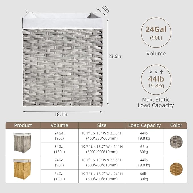 Outdoor Wicker Laundry Hamper with Lid,90L Foldable Laundry Basket with Removable,Machine Washable 2-Section Liner and Handles,Handwoven Gray Rattan Hamper for Organization and Storage