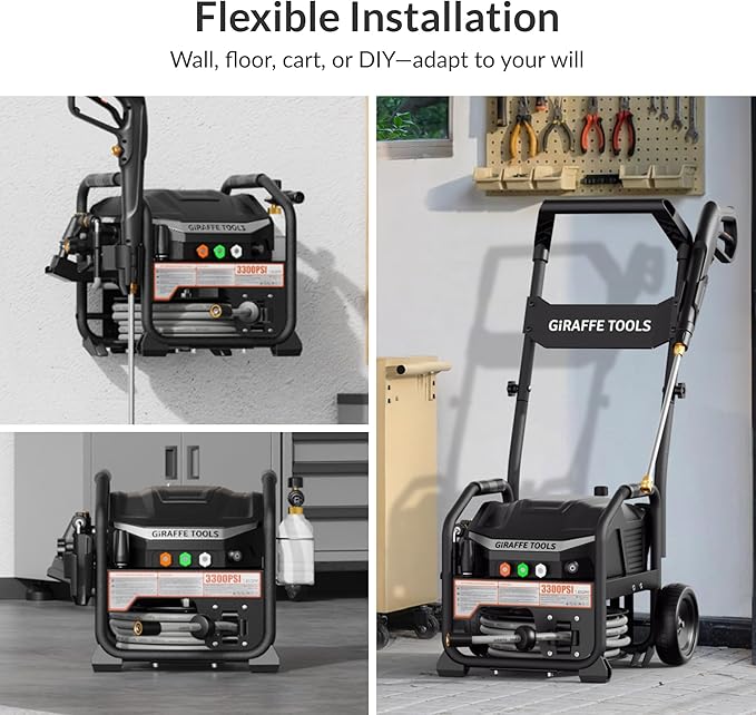 Giraffe Tools Crossfalls Retractable Pressure Washer Max, 3000PSI, 1.45GPM, 1800W Induction Motor, Wall Mounted Electric Power Washer with 50ft Pressure Hose, 4-Nozzles, Foam Cannon, Automatic Rewind