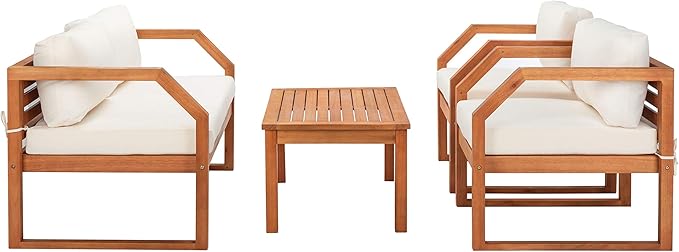 SAFAVIEH Outdoor DREN Natural Brown 4-Piece Set - Beige Seat Cushions Included
