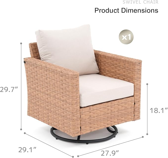 SUNSITT Patio Swivel Rocker Chair, Wicker Swivel Chairs Outdoor Seating Furniture with Thick Comfy Cushions, for Porch, Balcony, Deck, Natural Rattan Color