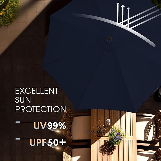 wikiwiki 10 FT Patio Umbrellas Outdoor Table Market Umbrella with Push Button Tilt/Crank, 8 Sturdy Ribs, Fade Resistant Waterproof POLYESTER DTY Canopy for Garden, Lawn, Backyard & Pool, Navy Blue