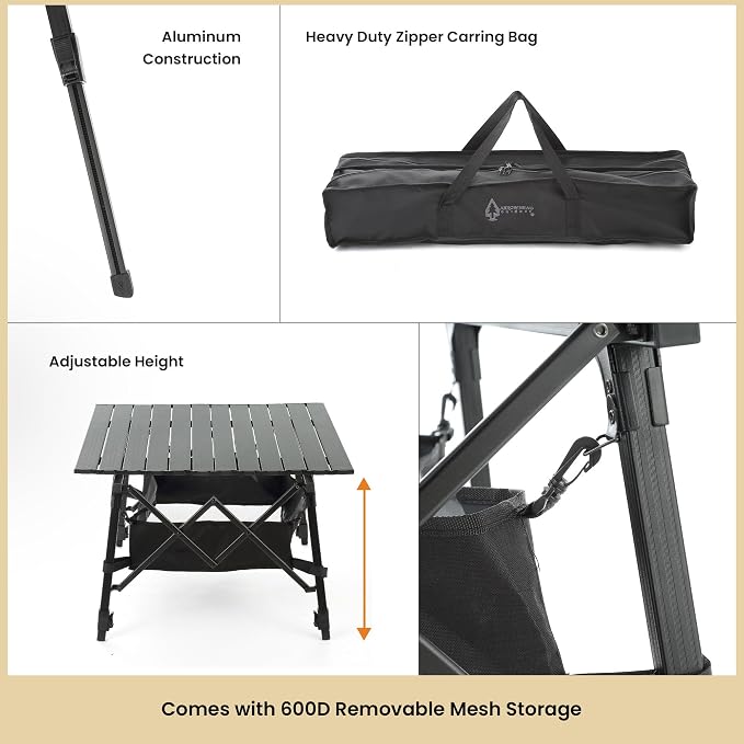 ARROWHEAD OUTDOOR 2-Pack 39" Aluminum Folding Camp Roll Up Table w/Adjustable Height, Undertable Mesh Storage, Carry Bag