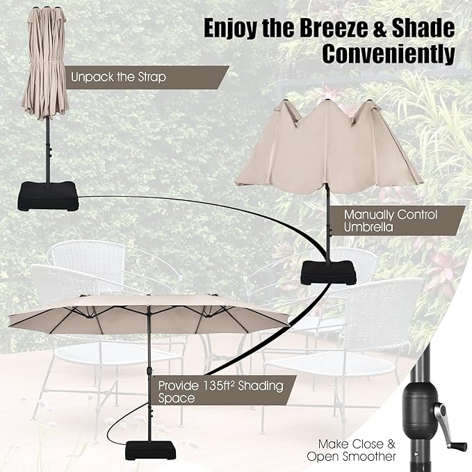 Tangkula 15FT Double-Sided Patio Umbrella, Outdoor Market Umbrella W/Hand-Crank System & Enhanced Base, Ultra-Large Twin Garden Umbrella W/ 12-Rib Structure for Residential & Commercial Use (Beige)