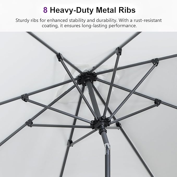 PURPLE LEAF 8' Round Patio Market Umbrella with Base Outdoor Table Umbrellas Aluminum Frame Sun Shade with 8 Sturdy Ribs Tilt for Garden Deck Lawn Pool White