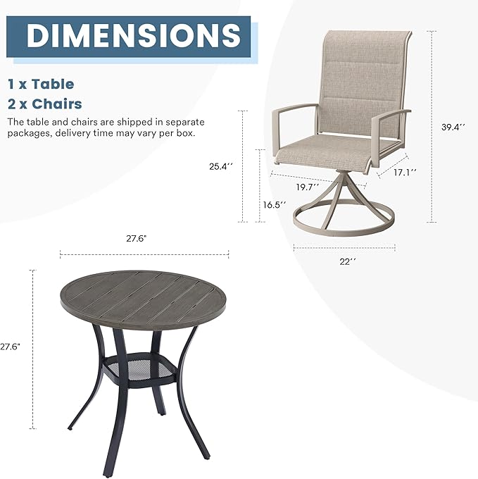 DIFY 3 Piece Outdoor Dining Set for 2, Patio Furniture Set with 27.6" Small Round Metal Dining Table and 2 Padded Textilene Swivel Patio Chairs, Grey Wood-Like Table & Sandshell Chairs