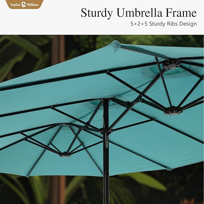 Sophia & William 15 ft Extra Large Patio Umbrella with Base Included, Rectangular Outdoor Umbrella Heavy Duty, Market Umbrella Double-sided Fade Resistant for Pool Garden Backyard, Turquoise