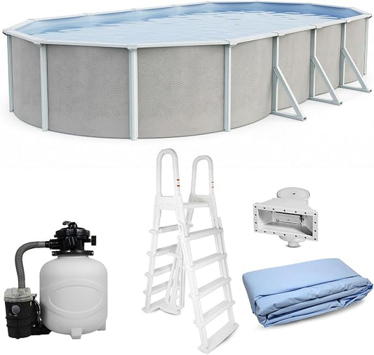 Blue Wave Belize 12x24-ft Oval 52-in Deep Hard Sided Steel Frame Above Ground Pool with 6-in Steel Top Seats, 0.5 HP Sand Filter System, Ladder, Skimmer & Liner – 6,300 Gallon Cap for Family Use
