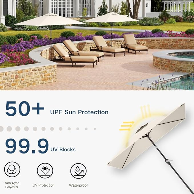 6.5' x 10' Rectangular Patio Umbrella Large Outdoor Market Umbrella w/ UV Protection, Push Button Tilt and Crank Lift, Rectangle Table Umbrella for Garden, Deck, Pool, Patio, Creamy White