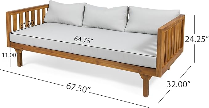 Christopher Knight Home Charm Patio Conversation Set, 3 Seater Acacia Wood Sofa, Spacious Seating Daybed, Wood Coffee Table, Round Side Table, Outdoor Furniture for Backyard Garden Rest, Light Gray