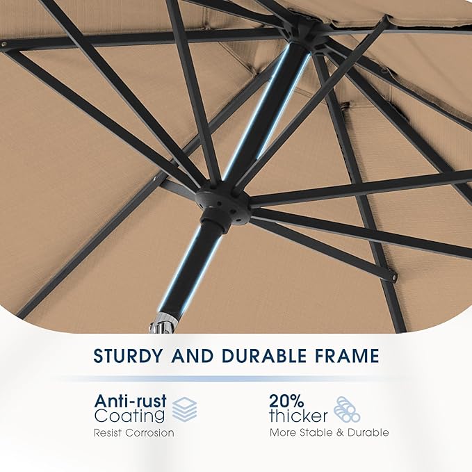 wikiwiki 11FT Patio Umbrella with Base, Outdoor Umbrellas with Base Included, 8 Sturdy Ribs, Waterproof Fade Resistant POLYESTER DTY Canopy for Deck, Lawn, Garden, Backyard & Pool, Tan