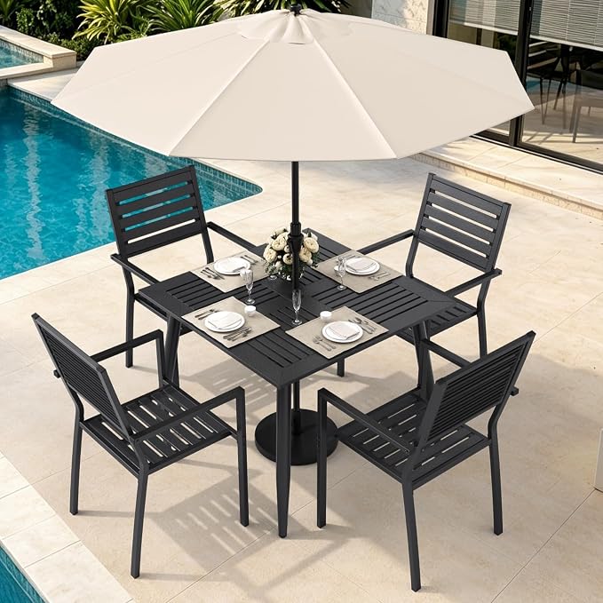 Pamapic 5-Piece HDPE Outdoor Dining Set, All-Weather Patio Furniture Set with Powder-Coated Iron Frame, Outdoor Table & 4 Stackable Chairs for Garden, Backyard, Poolside, Deck