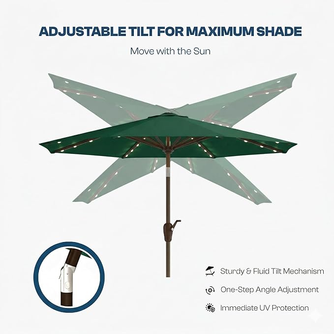 10FT Solar Patio Umbrella with Lights, Outdoor Table Market Umbrella with 32 LED Lights, 8 Sturdy Ribs, Push Button Tilt and Crank for Pool, Deck and Garden, UV-Resistant
