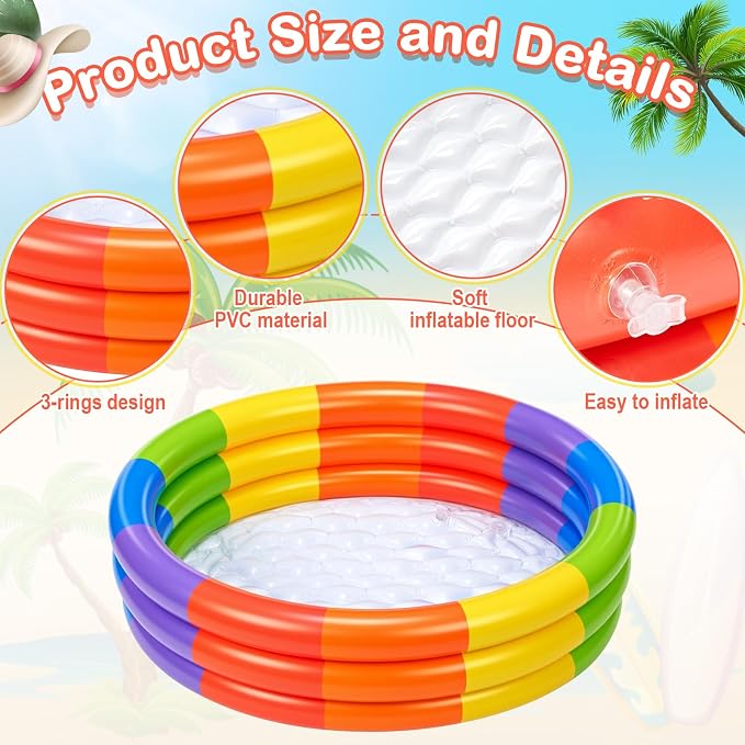 VioraWhite 4 Pack Inflatable Kiddie Pool for Toddlers 34"x10" Rainbow Blow up Kids Swimming Pool Small 3 Rings Round Baby Pools for Indoor Outdoor Water Game Play Center