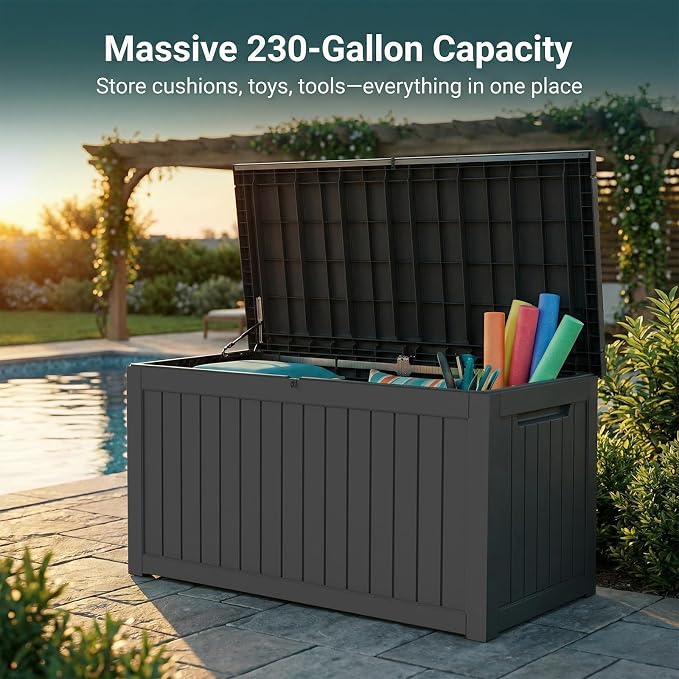 230 Gallon Outdoor Deck Storage Box with Soft Close Hydraulic Lid, Weatherproof Resin Construction, Lockable Patio Organizer for Furniture Cushions and Garden Supplies, Black