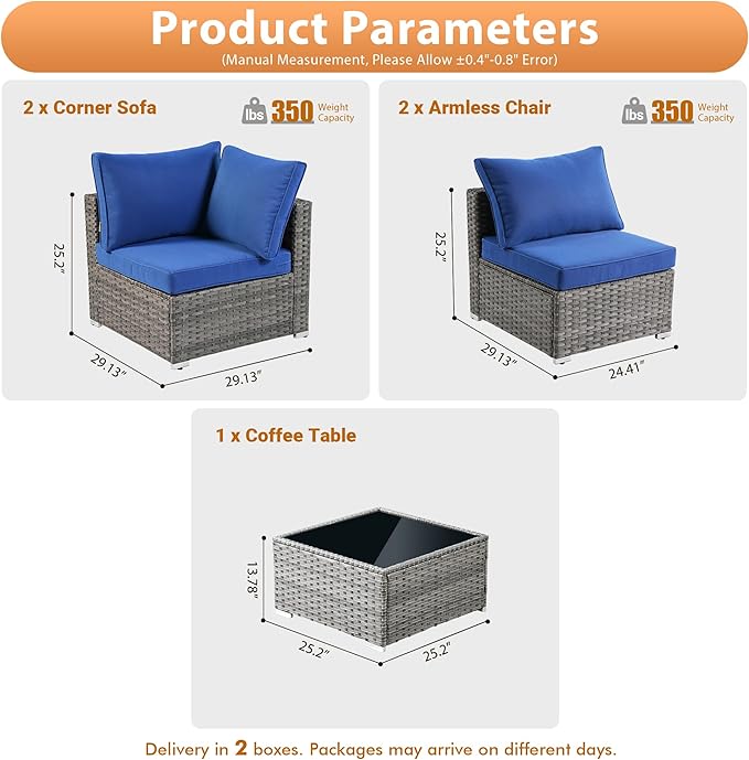 5 PCS Outdoor Patio Furniture Sets,Wicker Weather Resistant Patio Conversation Set with Comfy Cushions,Modular L Shaped Sofa with Coffee Table for Yard Backyard Porch Garden Poolside,Navy Blue