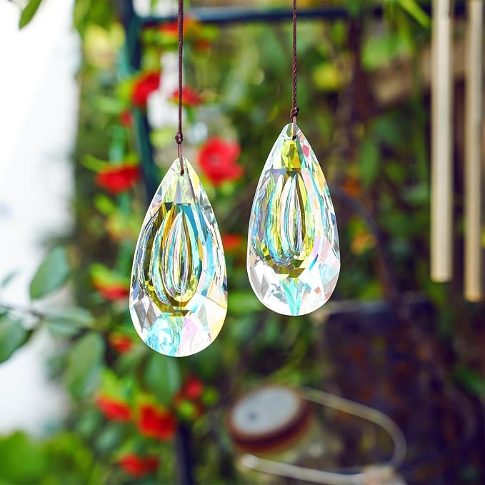 2pcs 89mm Hanging Crystal Prisms Suncatchers, Sun Catcher Indoor Window | Rainbow Maker Crystals for Home Garden Decor,Glass Ornaments For Christmas Tree,Colorful,Large Beads For Suncatcher
