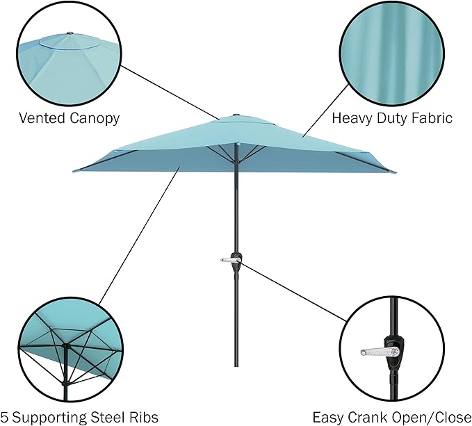 Half Umbrella Outdoor Patio Shade - 9 ft Patio Umbrella with Easy Crank - Small Canopy for Balcony, Table, or Deck by Pure Garden (Lake Blue)