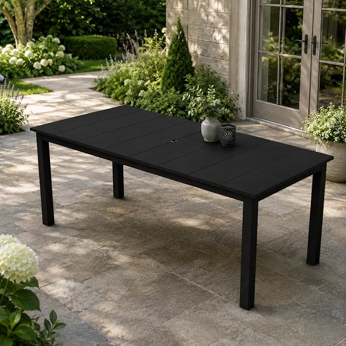 75.2" HDPE Outdoor Dining Table for 4-6 People, Rectangular Patio Dining Table with Umbrella Hole, All Weather Patio Dining Outdoor Table for Deck, Backyard and Garden, Black