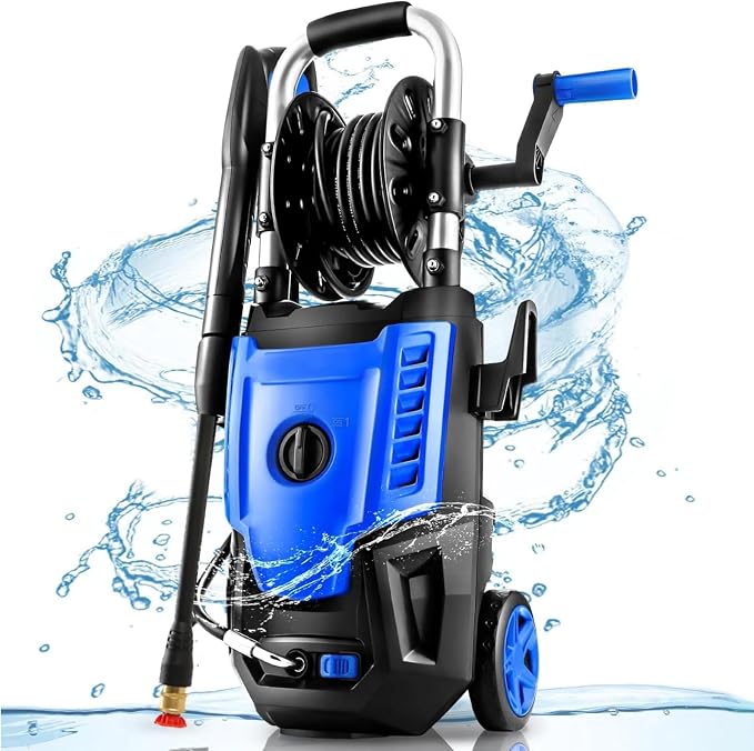 4800PSI Electric Pressure Washer- 3.8GPM High Power Washer with 33FT Hose Reel, 4 Spray Tips and Soap Bottle for Car Washing, Fence Cleaning, Patio Maintenance（Upgraded） (Blue)