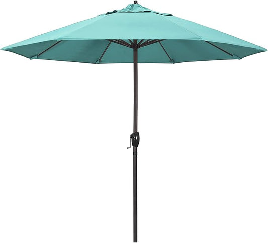 California Umbrella 12-Year Protection 9-Ft Outdoor Patio Umbrella, Sunbrella Fade-Resistant Acrylic Fabric, Auto Tilt and Crank, Heavy-Duty Aluminum Frame/Reinforced Ribs, Bronze Pole, Aruba