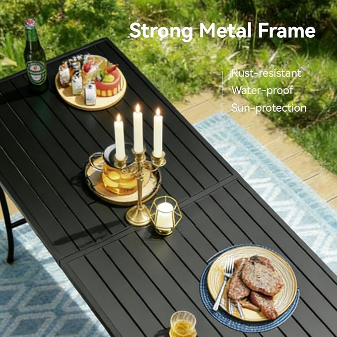 9 Pieces Outdoor Dining Table 76"x36"+ 8 Patio Dining Chair Set, Rectangle Patio Dining Table and Chairs with Stable Metal Frame for Garden, Backyard, Umbrella Hole Design, Suitable for 8 People