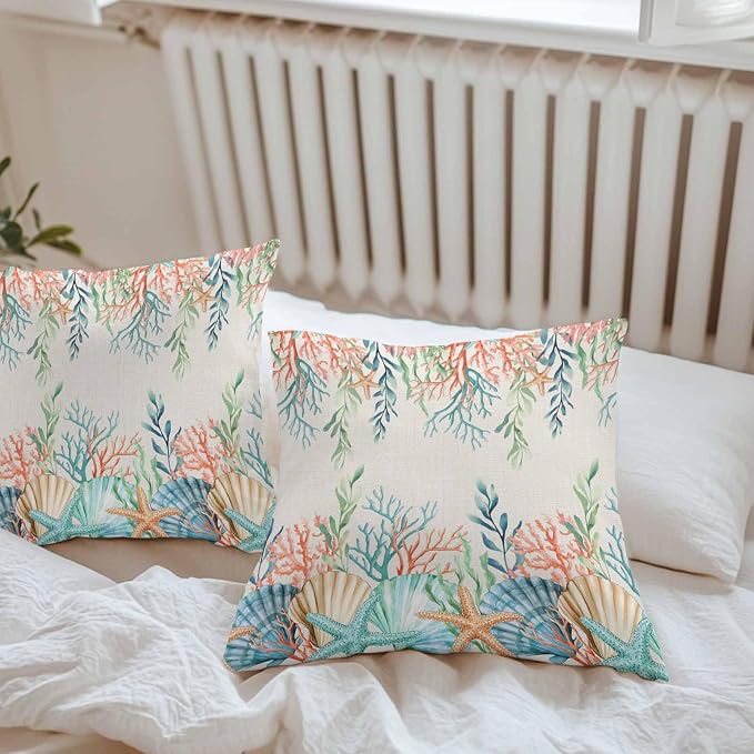 Throw Pillow Covers 16x16 Inch Set of 2, Summer Ocean Waterproof Outdoor Pillow Covers, Watercolor Coastal Coral Shell Seaweed Beige Decorative Cushion Pillowcases for Couch, Sofa, Bed, Garden, Patio