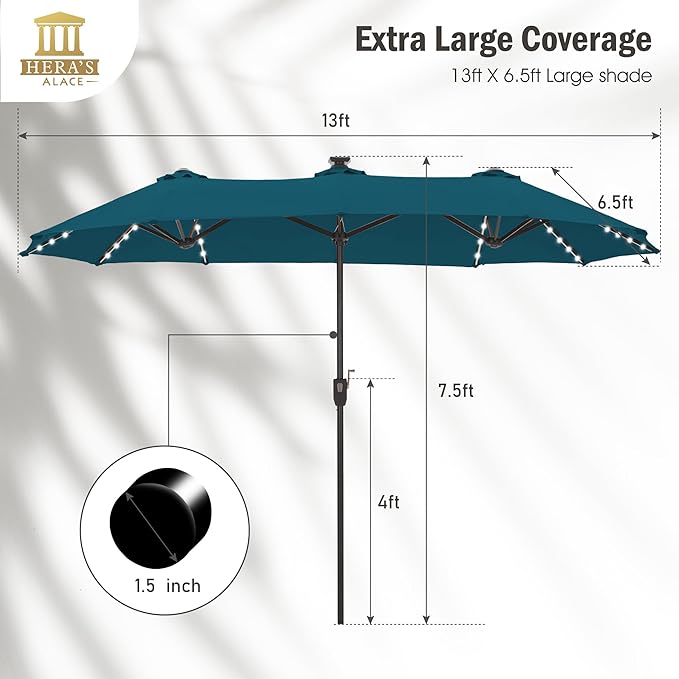 HERA'S PALACE 13ft Patio Umbrella with 120 LED Solar Lights Double Sided Outdoor Umbrella for Patio 8 Colors Changing Table Umbrella Outdoor Patio for Garden Pool
