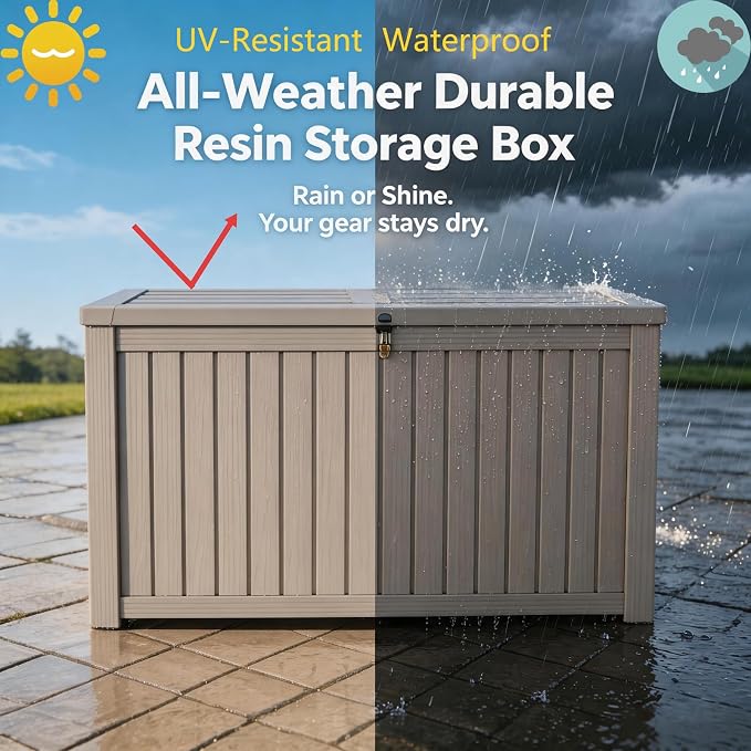 200 Gallon Waterproof Deck Box, Large Resin Outdoor Storage Box for Patio Cushion Storage, Pool Accessories & Garden Tools, 880 Lbs Load Capacity Storage Bins – Lockable Lid, Grey