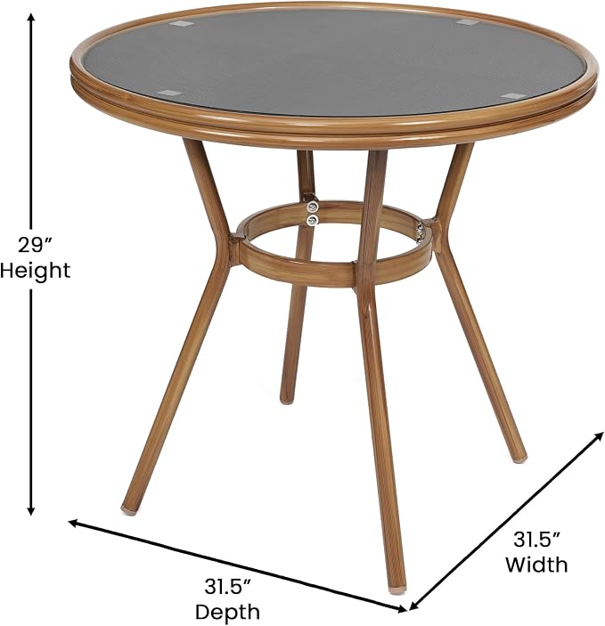 Flash Furniture Marseille Indoor/Outdoor Commercial Bistro Table - Tempered Glass Top - Textilene Fabric - Natural Bamboo Print Aluminum Frame - 31.5" - Black