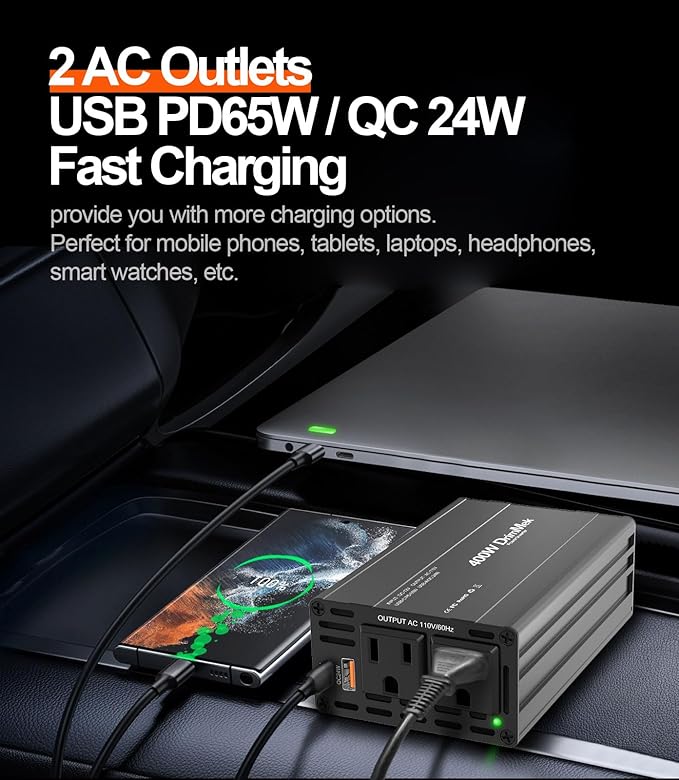 400W Car Power Inverter 12V to 110V AC｜24W+65W USB C, Laptop Charger | 65w Fast Charger,2 AC Output,Aluminum alloy casing