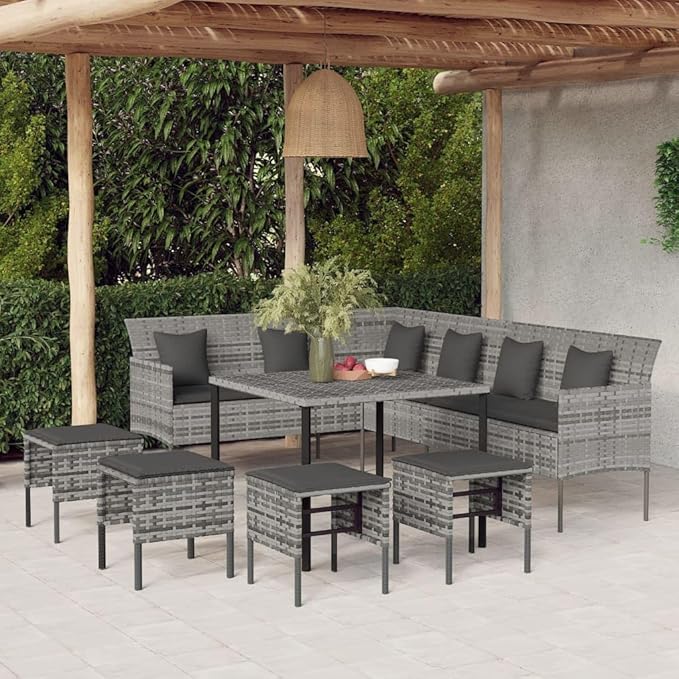 6 Piece Patio Dining Set with Cushions, Outdoor Lounge Sets Sectional Sofa Patio Conversation Set Porch Furniture Set for Negotiation Area Garden Poolside Piazza Gray Poly Rattan