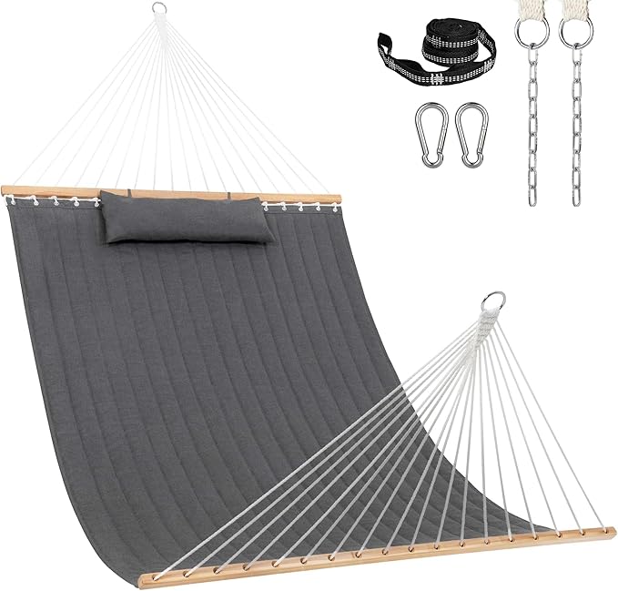 Lazy Daze Hammocks 12 FT Sunbrella Fabric Quilted Hammock Double Sunbrella Quilted Hammock with Spreader Bars & Pillow, All Weather and Fade Resistant for Outdoor, 450 lbs Capacity, Cast Slate